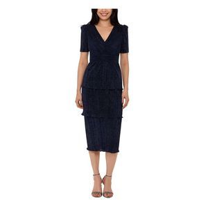 XSCAPE Womens Navy Short Sleeve V Neck Midi Evening Sheath Dress 10